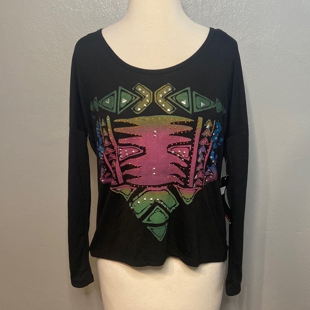 NWT OPPA! Long Sleeve Top Shiny Accents Black S